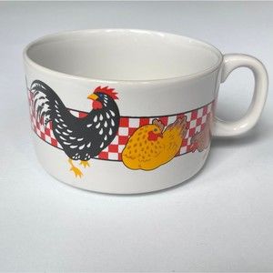 Ceramic Chicken/Rooster Soup Mugs Bowl With Handle Farmhouse Checkered Red